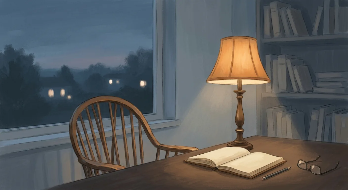 A single desk lamp lighting an empty chair and a notebook by a window at dusk, calm muted tones, no screens visible.
