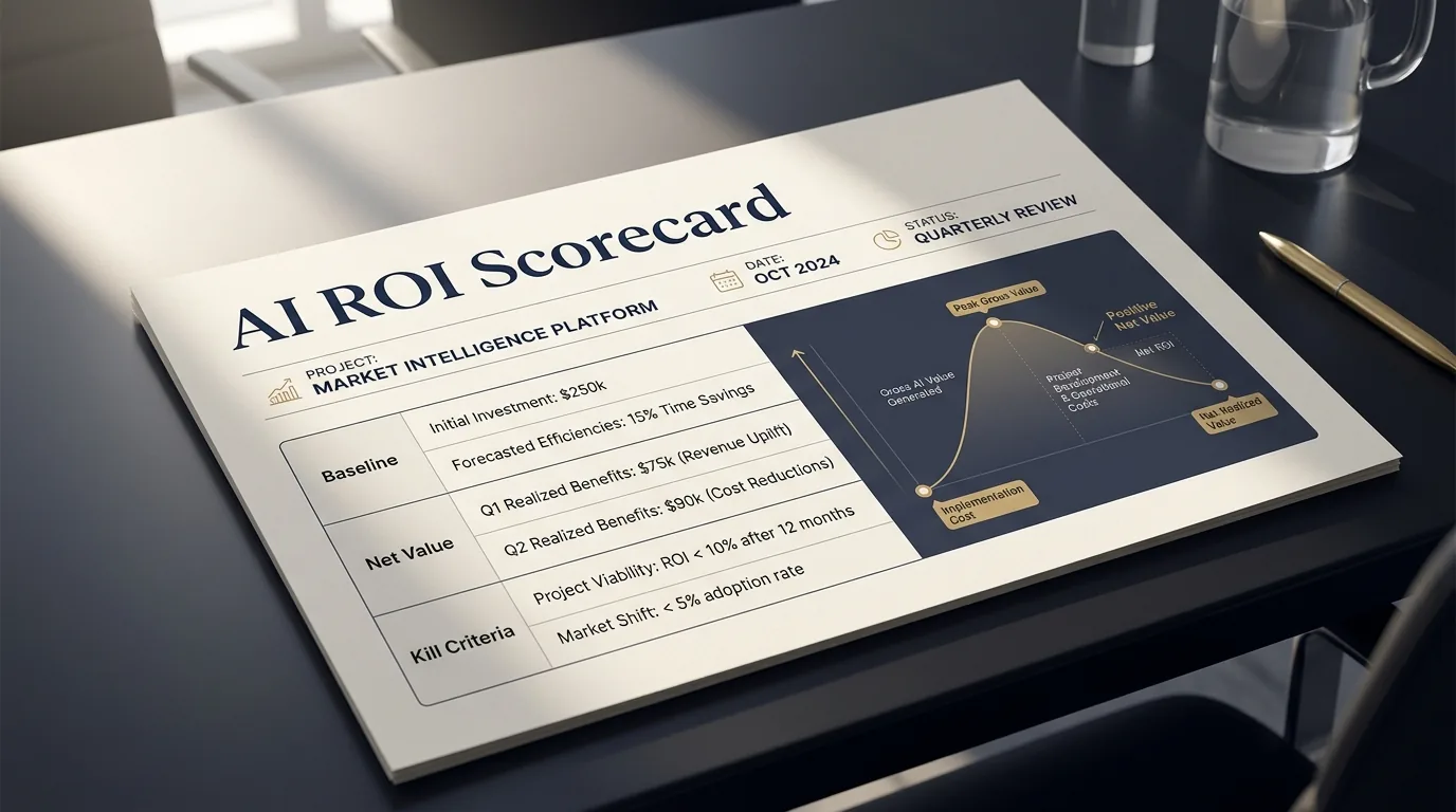 A single-page boardroom AI ROI scorecard on a dark table, showing a baseline value, a net-value line after costs, and a kill-criteria row, rendered in muted navy and gold.