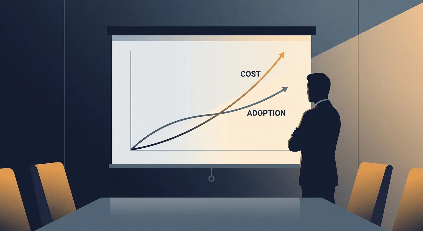 A boardroom screen showing two rising lines, an adoption-rate curve and a cost curve, diverging as they climb, with an executive pausing to study the gap between them.