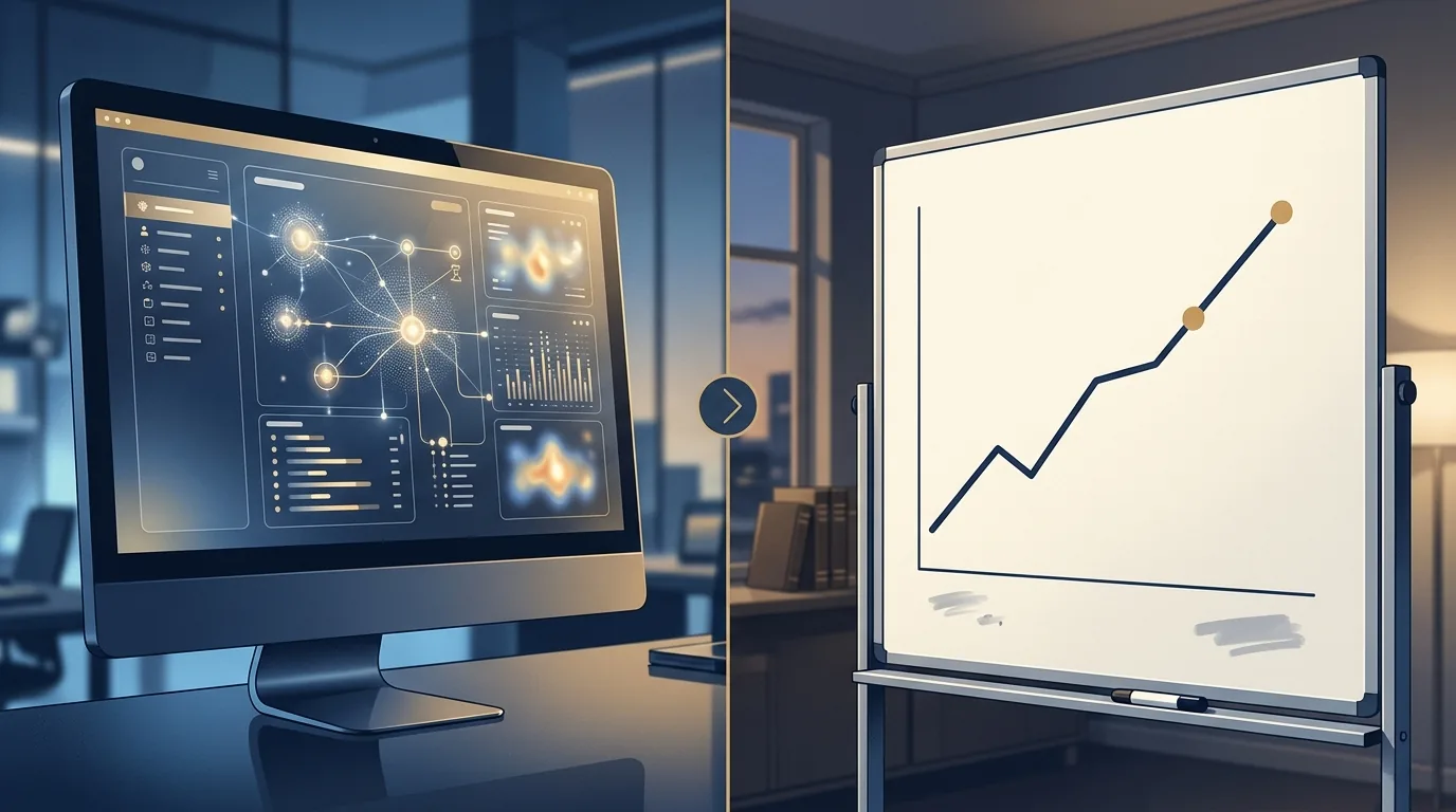 A split editorial illustration contrasting a polished AI product demo glowing on a screen with a quiet office whiteboard showing a single measured workflow metric, rendered in muted navy and gold tones.