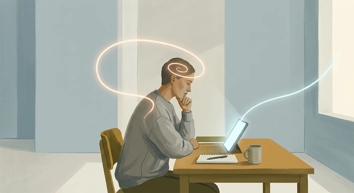 A calm editorial illustration of a person at a desk with one soft line of attention curving inward toward themselves and another line pulling outward toward a lit screen.