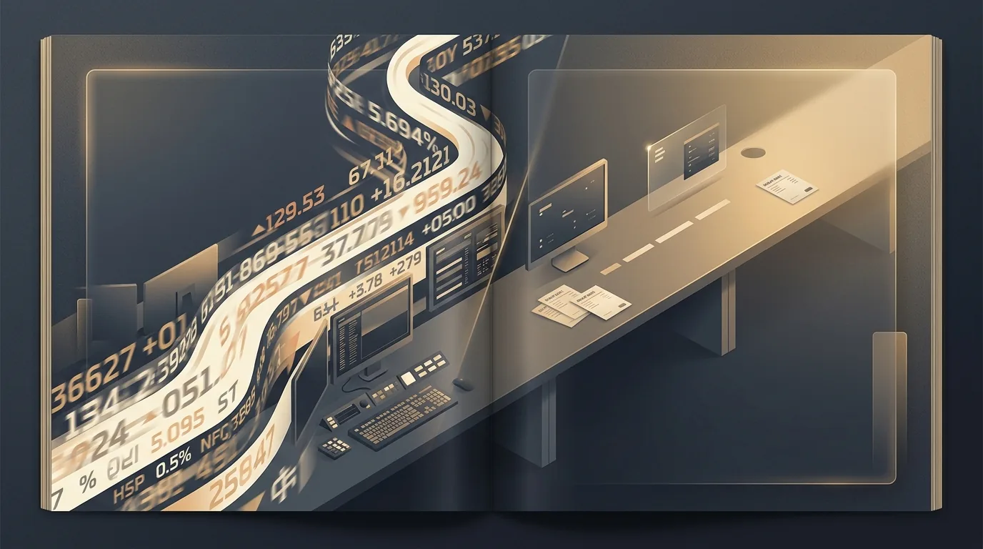 A split trading desk: one side a dense continuous stock-price ticker tape, the other side a quiet credit desk showing a handful of dealer quote requests, illustrating the data gap between equities and corporate bonds.