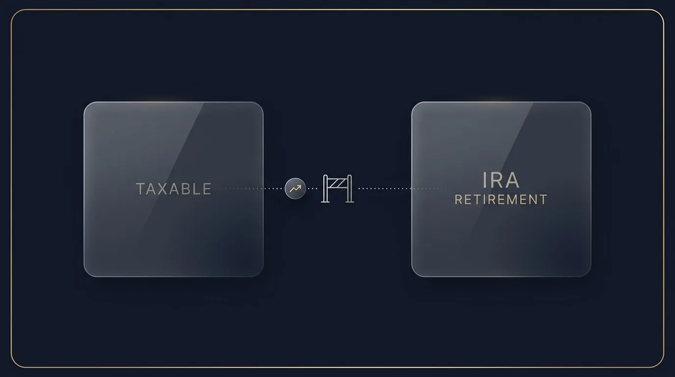 A split illustration of two brokerage account panels, one labeled taxable and one labeled IRA, connected by a dotted line showing an automated trade crossing between them while a tax-rule gate flags the move.