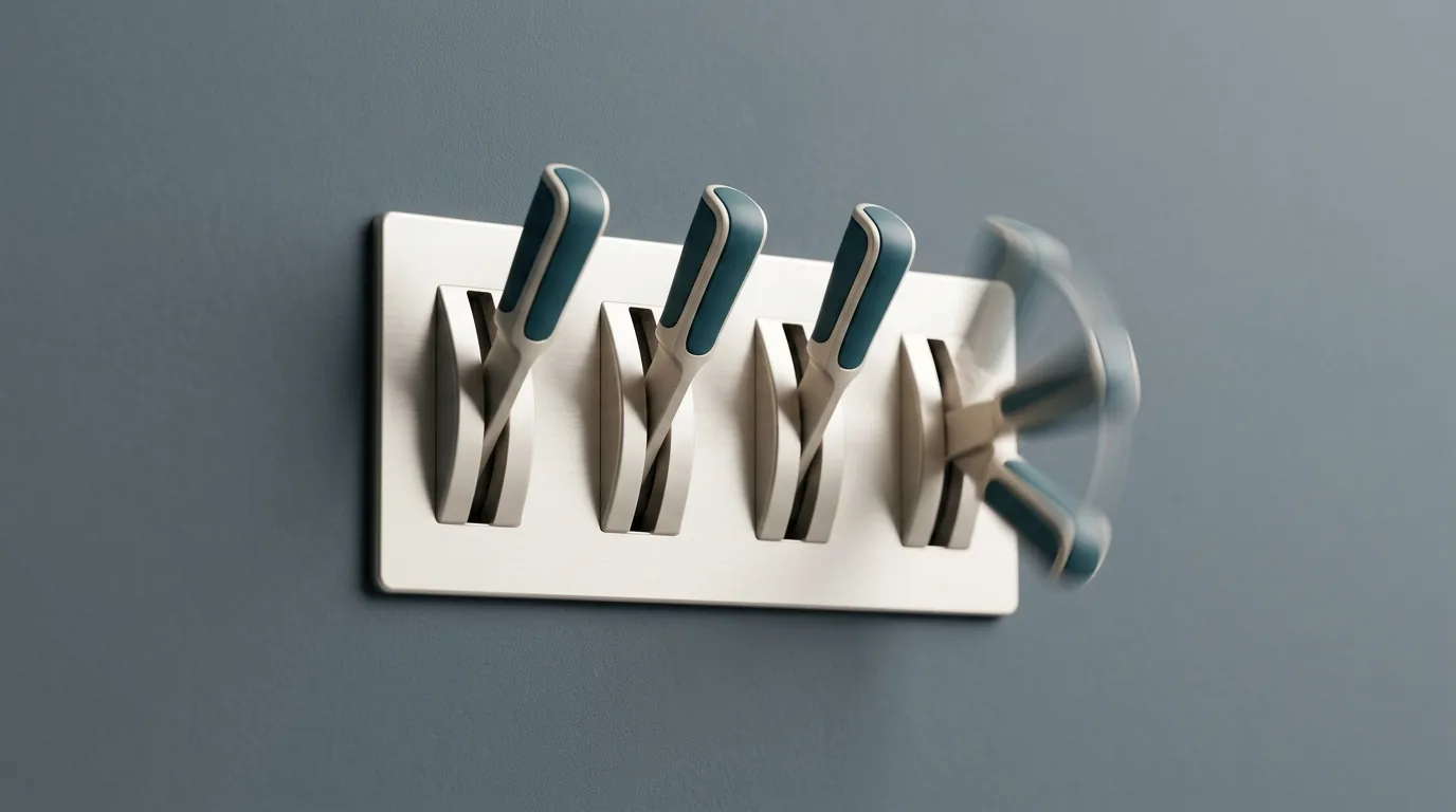 A control panel with four labeled levers, three locked in place and one mid-flip, against a calm slate background, representing the layers an executive controls when selecting a coding-agent harness.