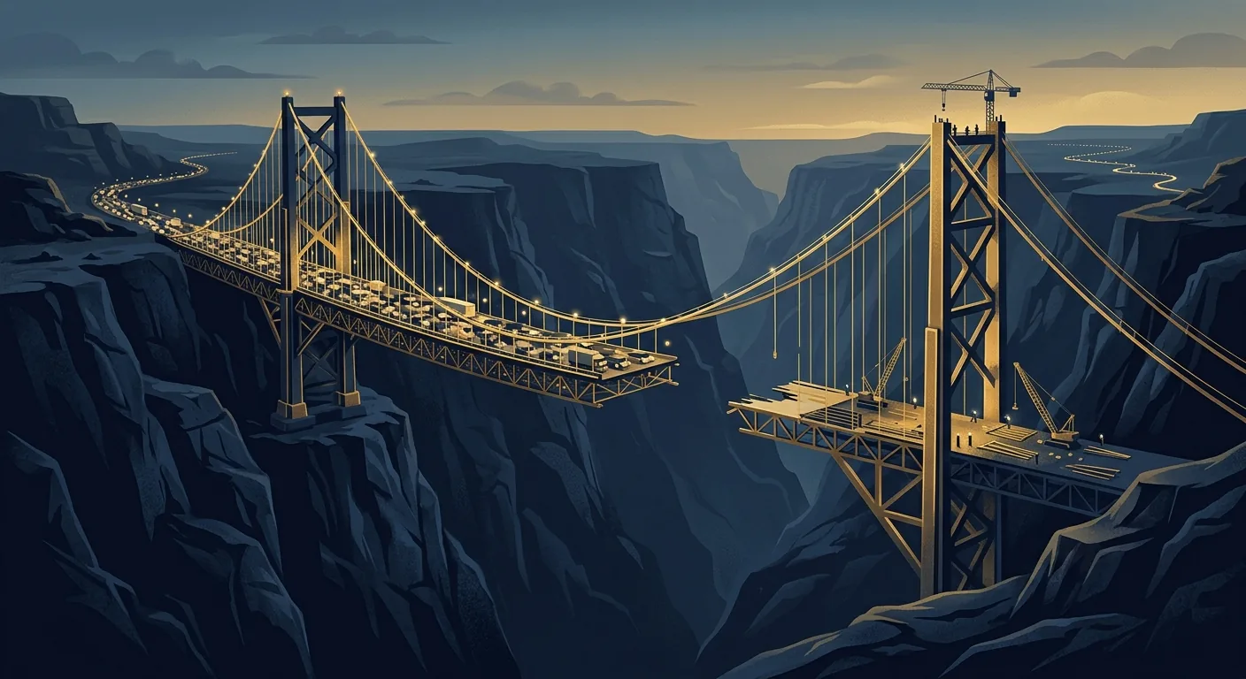 One heavily loaded suspension bridge carrying all the traffic across a deep canyon while a second, lighter bridge sits half-built beside it, illustrating the concentration risk of routing an entire company through a single AI platform.