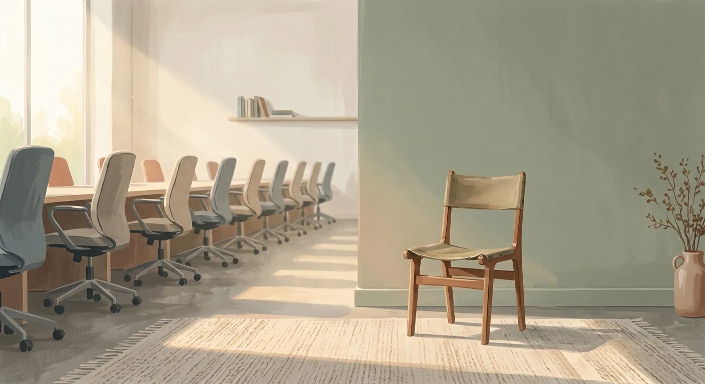 A single desk chair turned slightly away from a row of identical empty chairs in a calm, sunlit open-plan office, conveying the quiet question of being seen at work.
