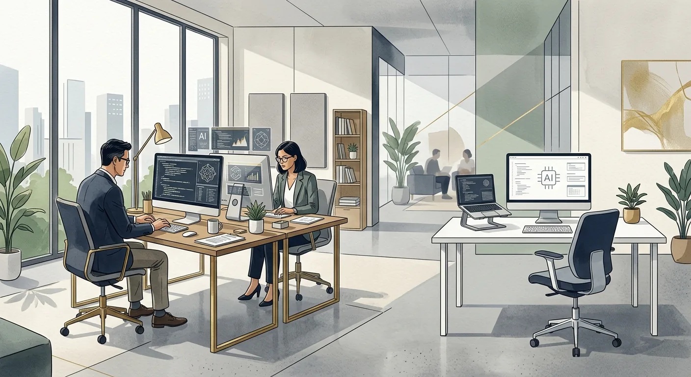 A small startup team workspace with two senior engineers at desks and one empty junior desk beside them, illustrating the lean-and-senior hiring trade-off.