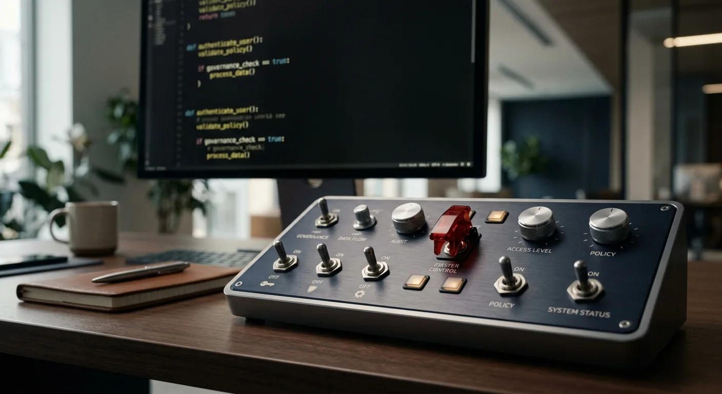 A control panel of physical switches and dials sitting in front of a dimmed screen of code, representing coding-agent governance controls taking priority over model capability.