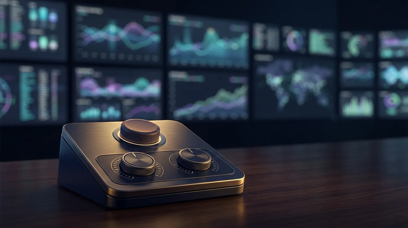 A single illuminated control panel with a prominent stop button and spending-limit dials, set apart from a wall of passive monitoring screens, suggesting the difference between watching AI agents and constraining them.