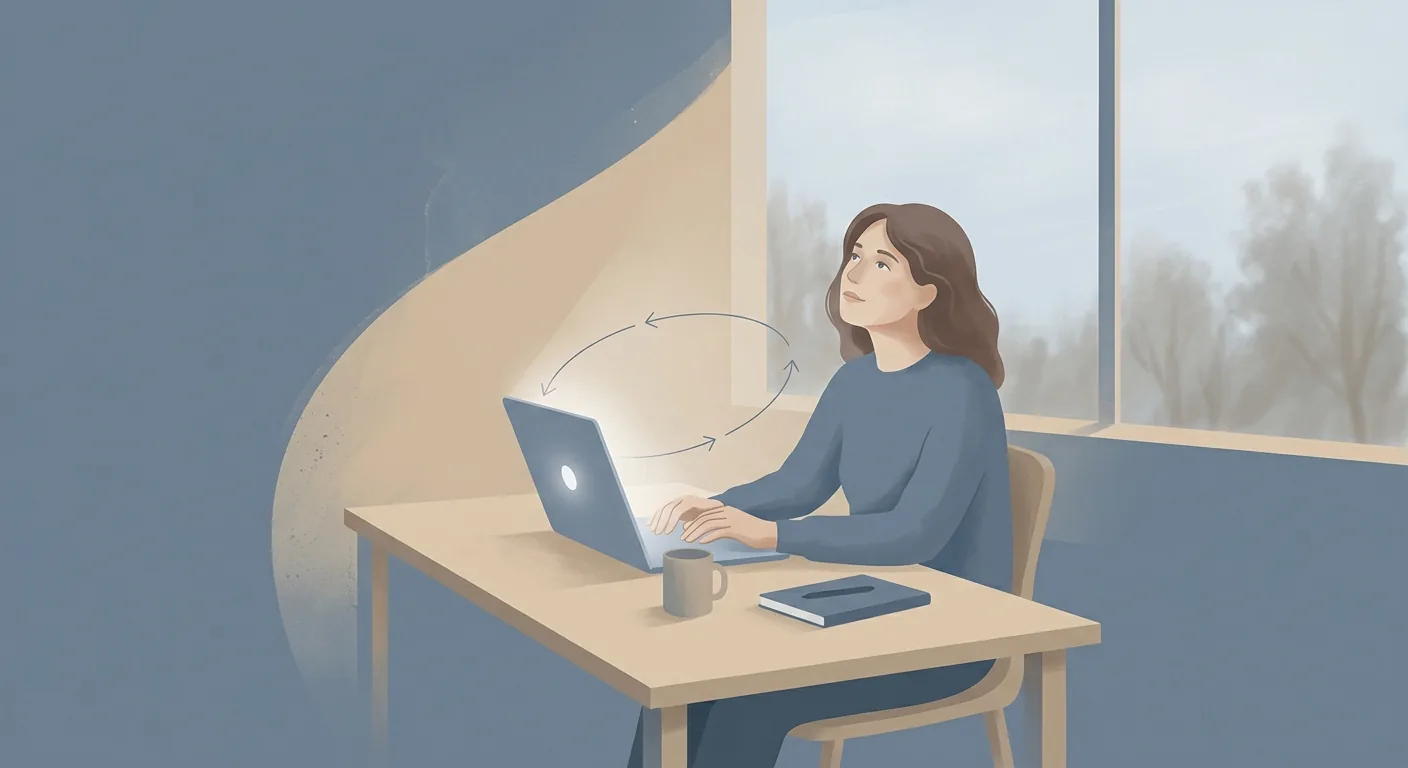 A calm editorial illustration of a person at a desk pausing to look up from a glowing screen, with a soft loop of arrows suggesting attention turning back toward itself, in a muted blue and sand palette.