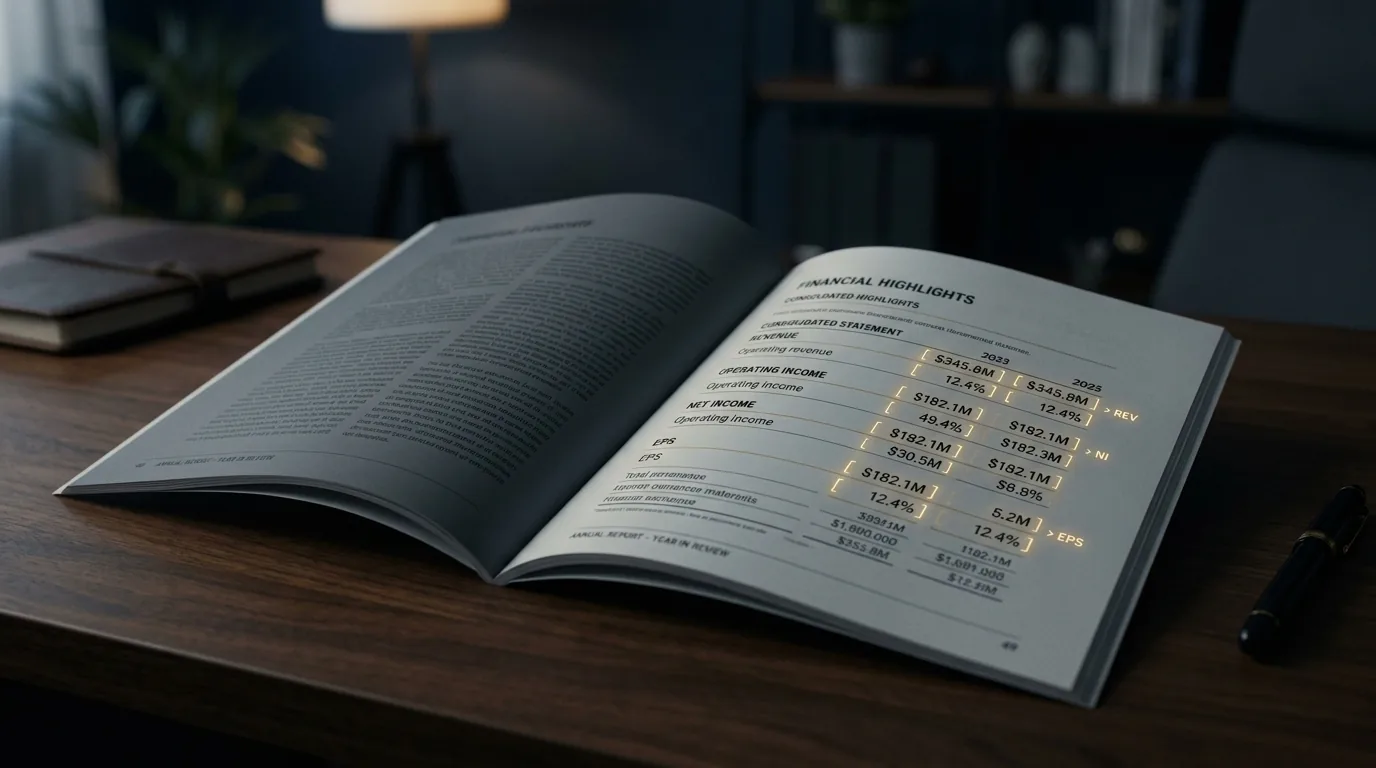 A printed corporate annual report open on a desk, its numeric tables outlined in bright machine-tag brackets while the surrounding paragraphs of narrative text sit in shadow, suggesting the numbers are machine-readable and the words are not.