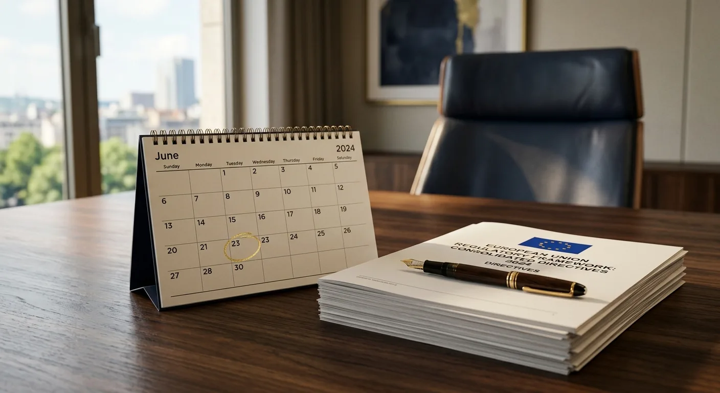 A desk calendar with June 23 circled in gold ink next to a thick printed stack of EU regulatory documents and a fountain pen on a dark wooden boardroom table.