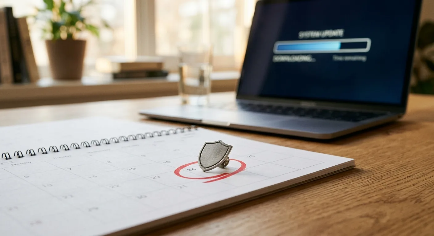 A desk calendar with one date circled in red marker and a brushed-metal shield pin resting on the circle, beside a soft-focus laptop showing a software update progress bar in warm office light