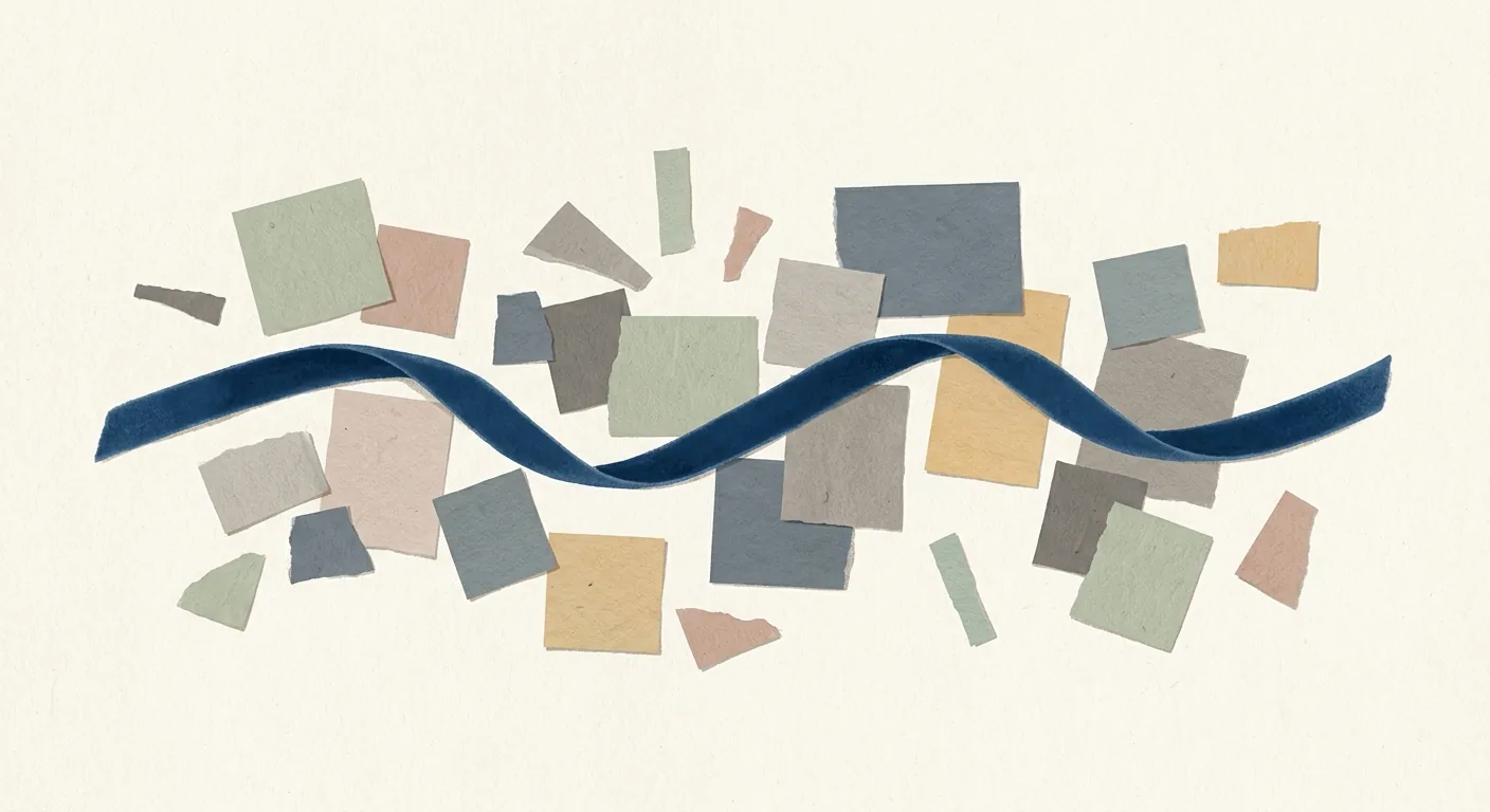 Editorial illustration of a fragmented workday: small scattered paper-like tiles in muted tones, crossed by one long unbroken deep-blue band representing a stretch of absorbed focus.