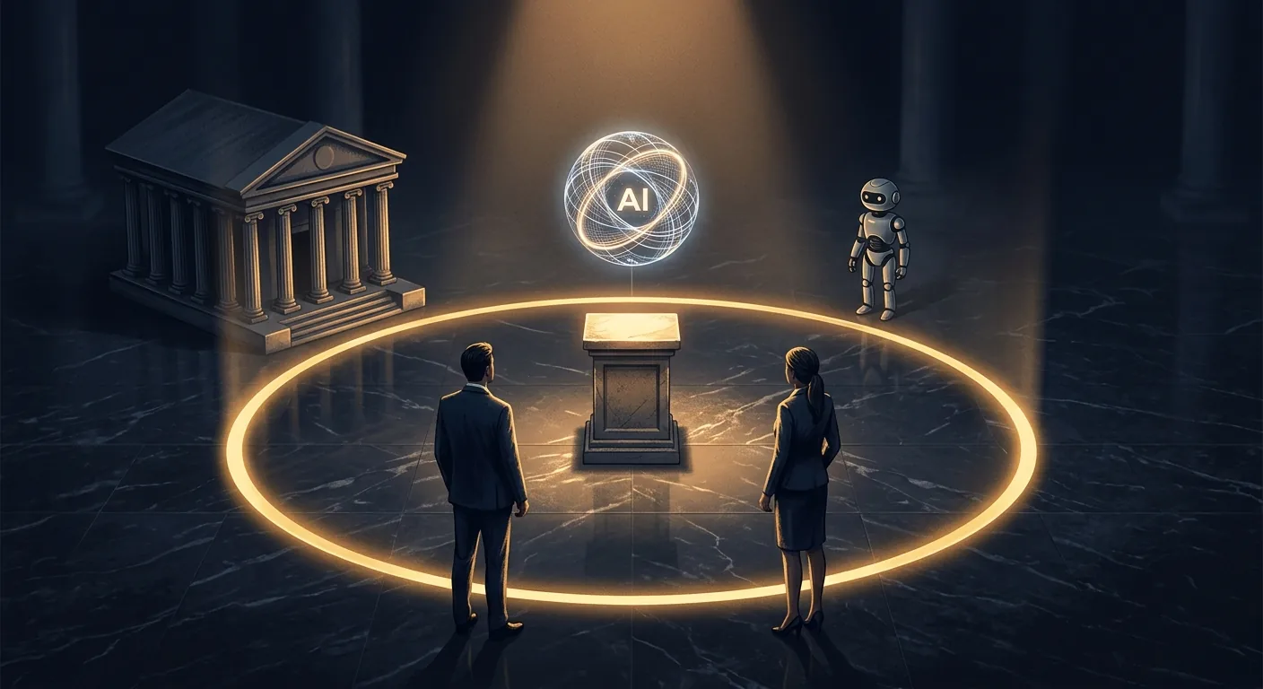 Two investors stand inside a glowing golden circle on a dark marble floor beside an empty spotlit pedestal, while a classical bank building, a luminous AI orb, and a small robot remain outside the ring.