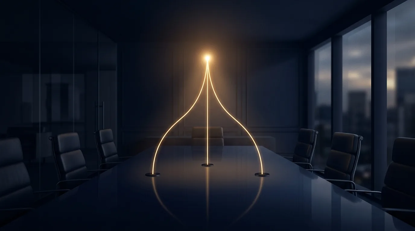 Minimal editorial illustration of three thin glowing signal lines in warm gold converging to a single point above a dark navy boardroom table, conveying separate AI market developments resolving into one board-level insight.