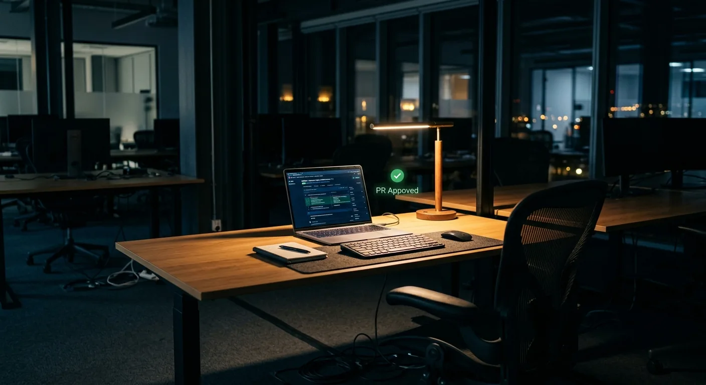 A single lit desk in a quiet engineering office at night, a laptop open to a pull request with a green review checkmark and one empty chair pulled up to it, suggesting the human who still makes the final merge decision.
