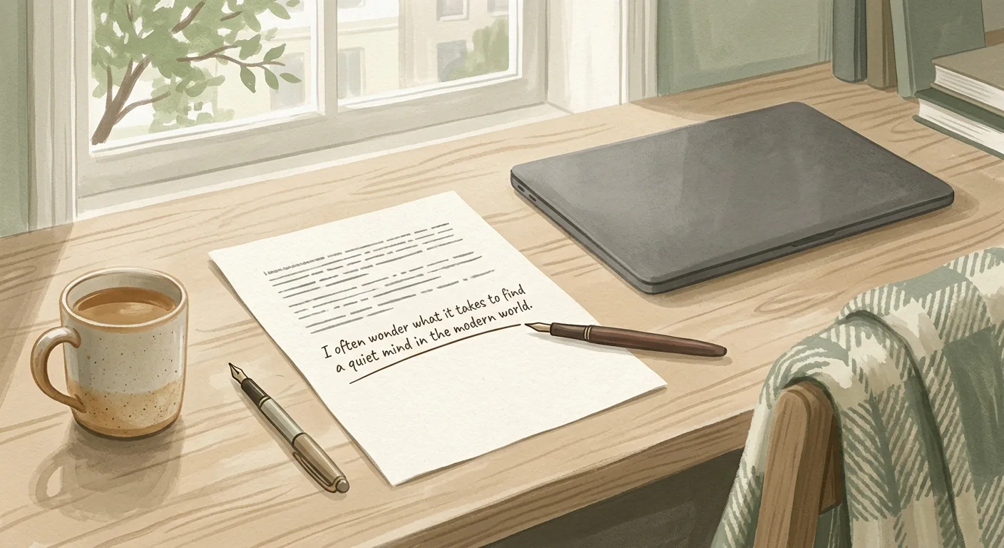 A single printed page resting on a wooden desk beside a closed laptop in soft morning light, with one sentence on the page lightly highlighted by hand.