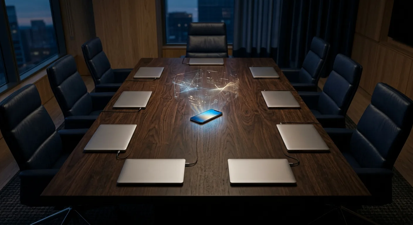 An overhead view of a darkened boardroom table where one smartphone glows while the laptops around it stay dark, illustrating AI use that sits outside corporate visibility.