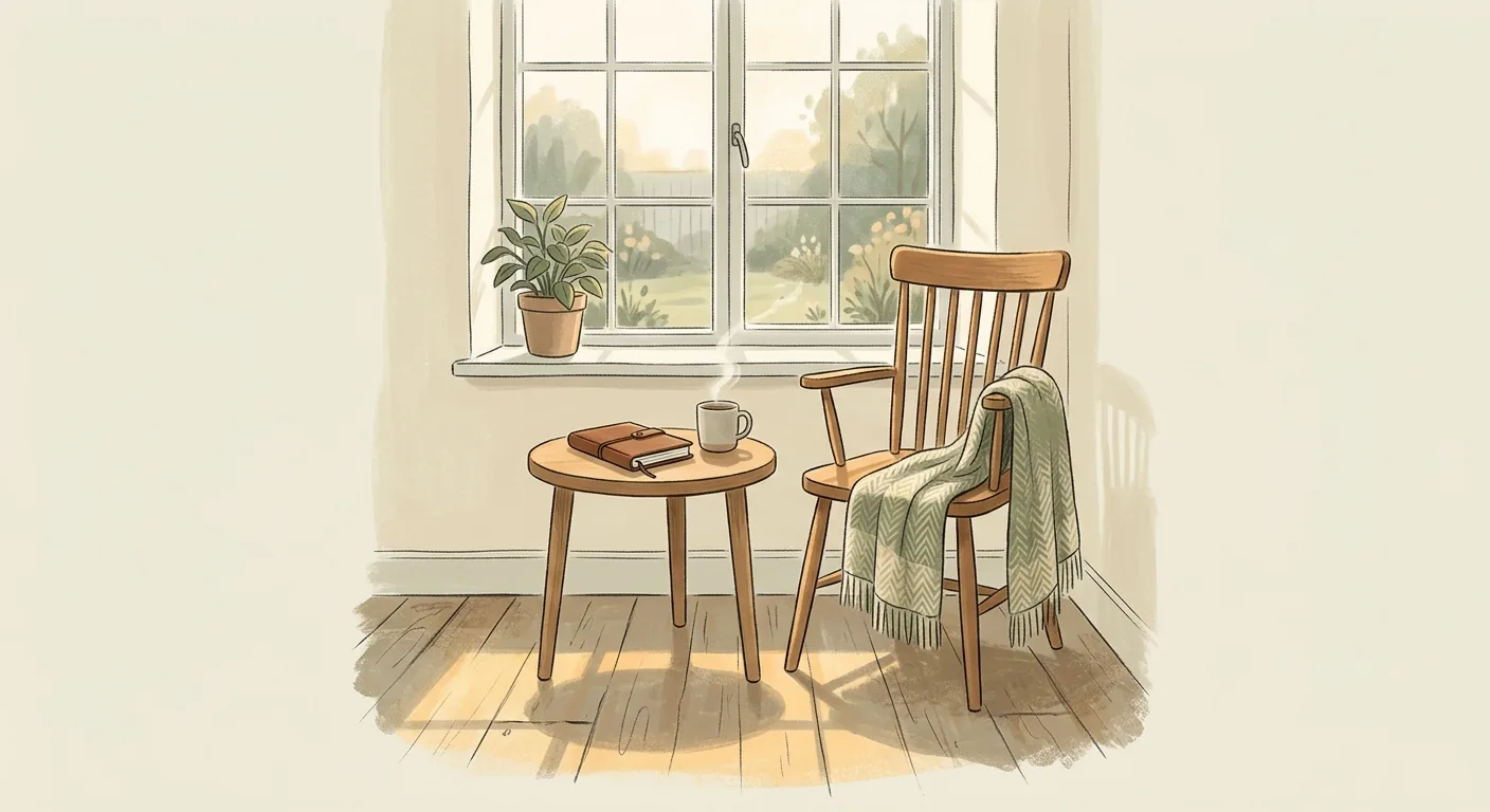 A single empty chair by a window with soft morning light and a closed notebook nearby, suggesting a quiet, unfilled moment of chosen time alone.