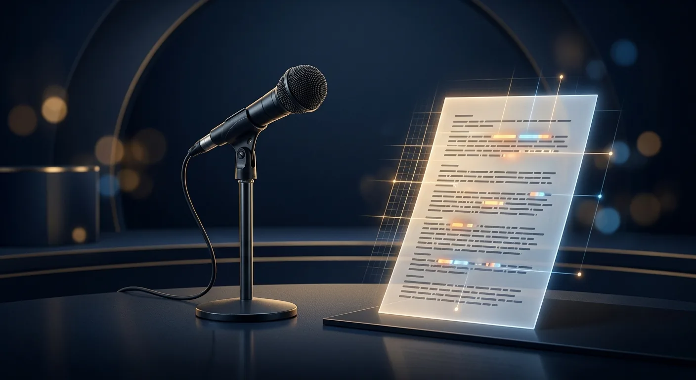 A corporate earnings-call microphone on a dark stage beneath a translucent digital scanning grid that highlights phrases on a speech transcript, rendered in deep navy and gold.