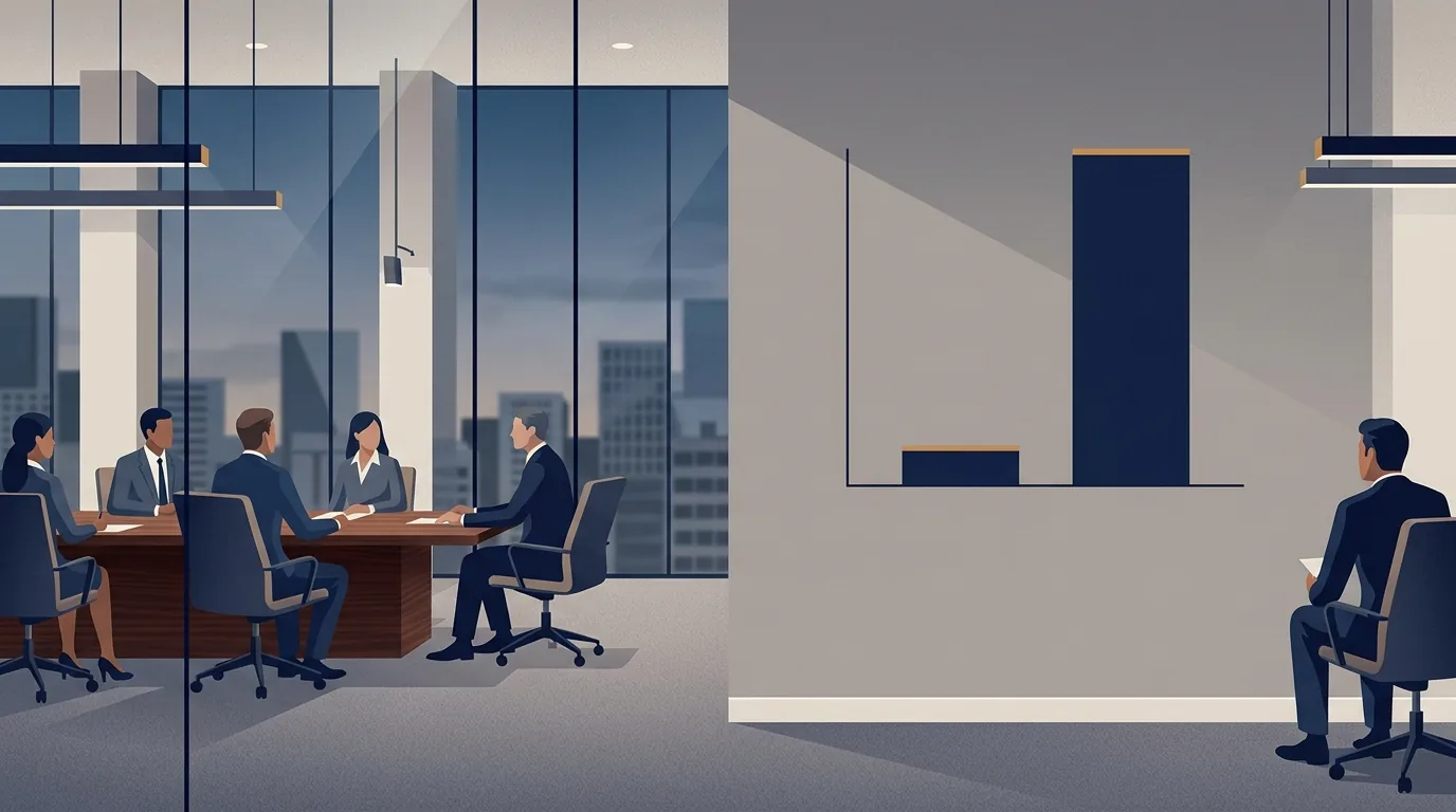 An editorial illustration of a calm, modern boardroom with a glass wall displaying a simple chart that contrasts one small bar against one much larger bar, evoking a small layoff number set against a large engineering team held flat.