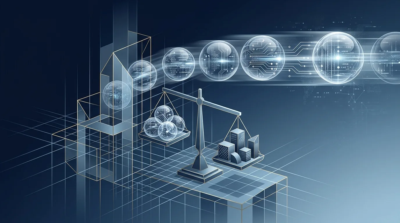 Abstract navy and steel editorial illustration with a balance motif and structured grid lines steadying a flowing current, subtle gold accents, suggesting AI governance catching up with AI capability.