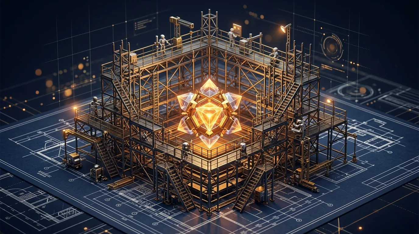 Editorial illustration of construction scaffolding surrounding a small glowing structure on a blueprint, representing the support systems built around an AI agent before it reaches production.