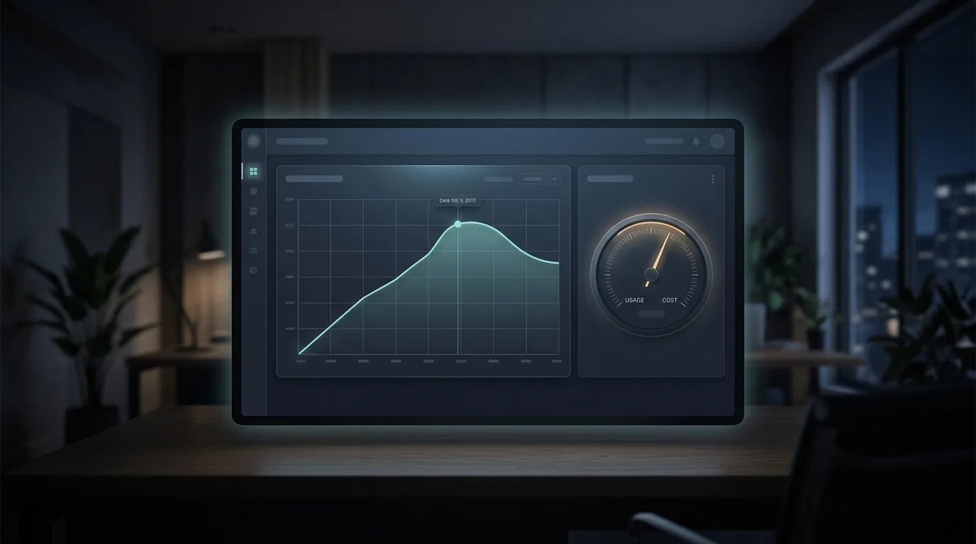 An engineering usage dashboard showing a line that climbed through spring then bends downward after a marked billing date, with a small meter gauge beside it.
