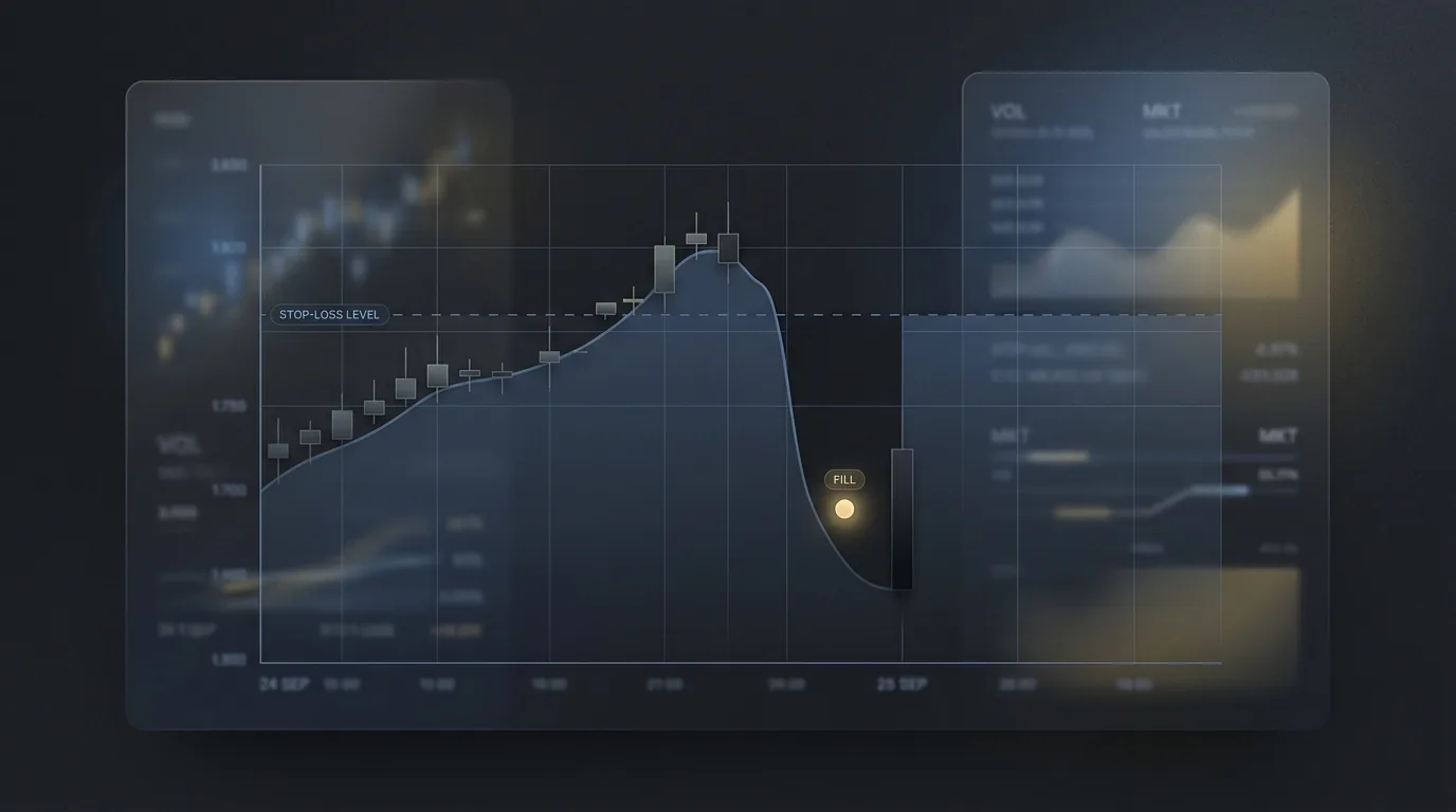 A stock price chart gapping sharply downward through a horizontal stop-loss line, with the fill marker landing several dollars below the line in the empty space beneath it.
