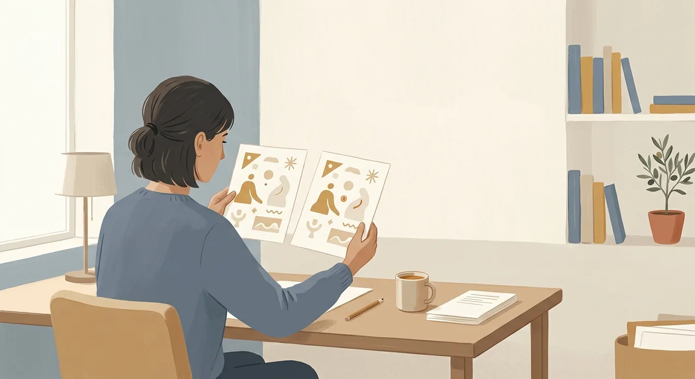 A person at a desk studying two nearly identical pages held side by side, with one small detail subtly different between them, in calm muted tones.