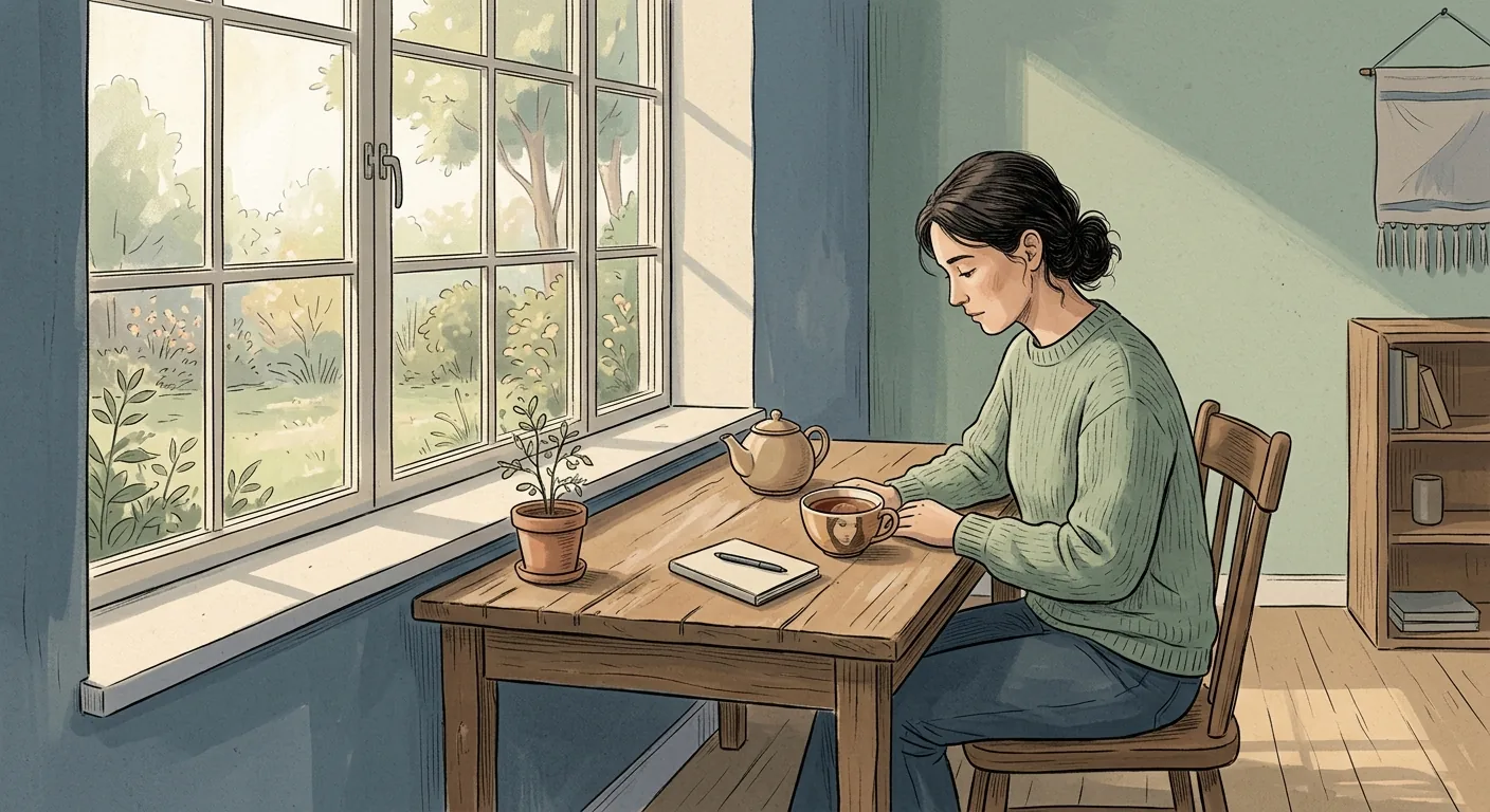 A person sits quietly at a simple desk by a window, their reflection clear and still in a cup of tea while soft light shifts around the room.