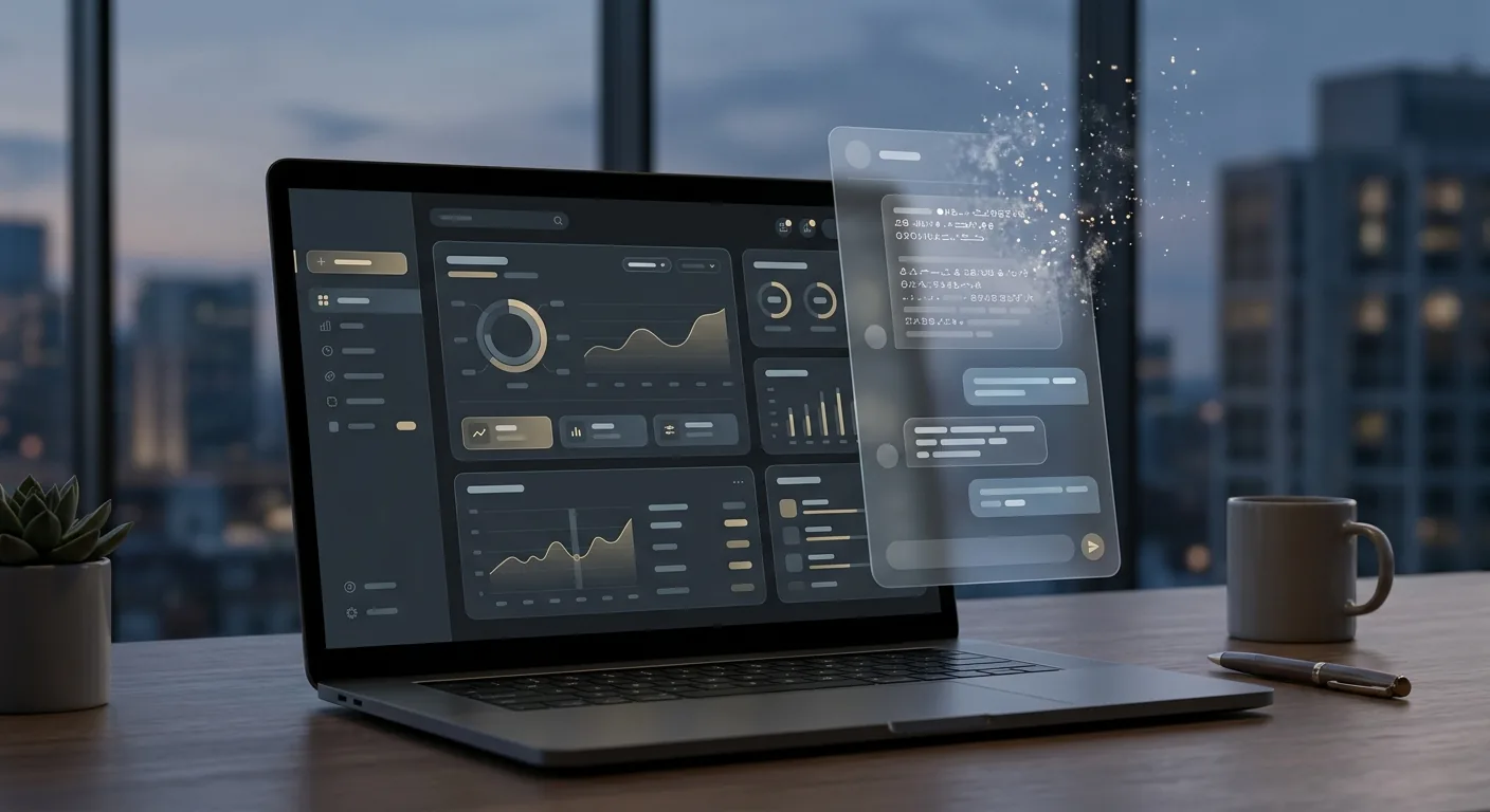 A brokerage trading dashboard glowing on a laptop at dusk next to an AI chat panel whose earliest instructions are fading out of view, suggesting an agent gradually losing track of its own rules over a long session.