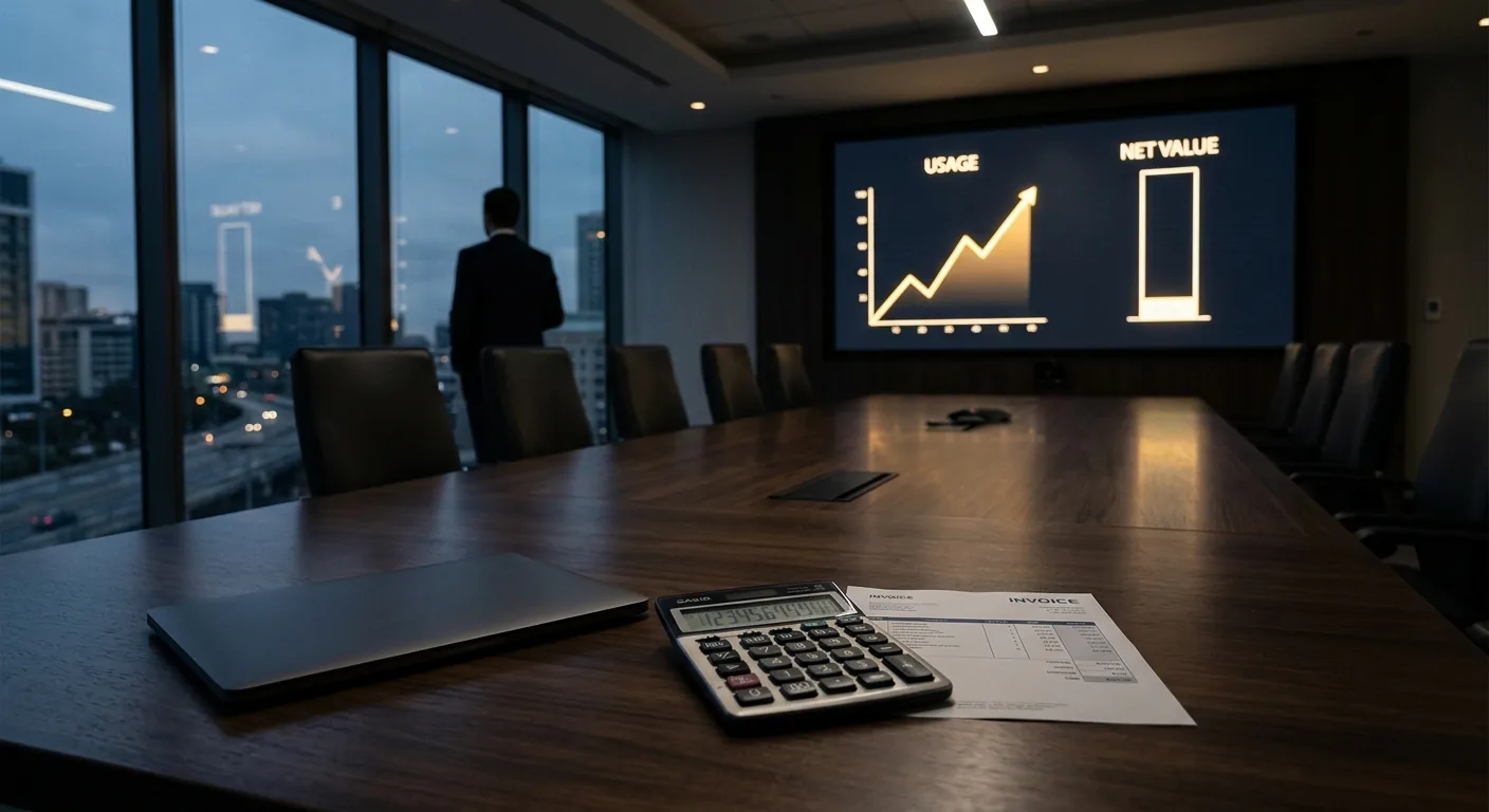 A boardroom budget slide on a screen showing a steeply rising AI usage chart beside a nearly empty net-value column, with a calculator and a printed invoice on the table.