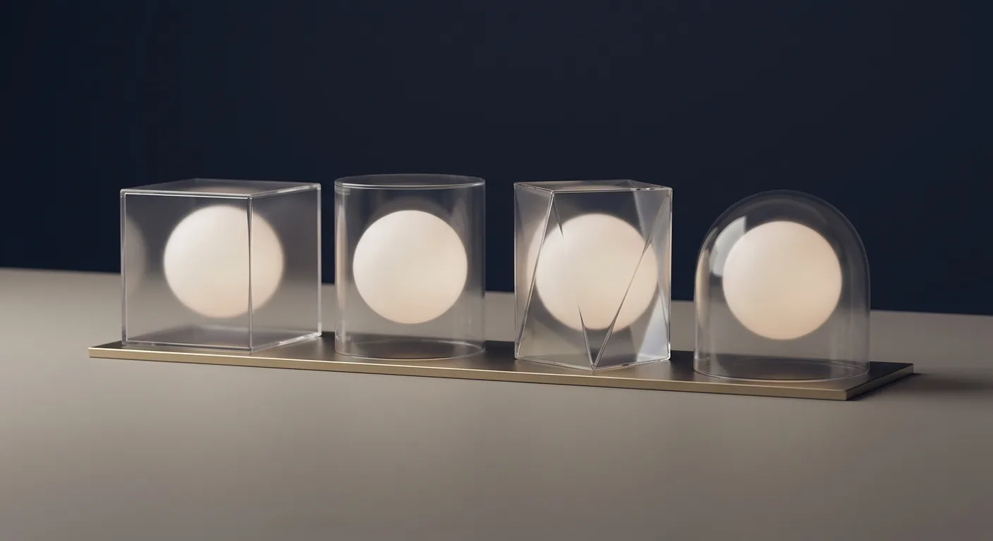 Several near-identical glowing cores, each set inside a differently shaped transparent housing and arranged in a calm row, suggesting the same model wrapped in different coding-agent harnesses.