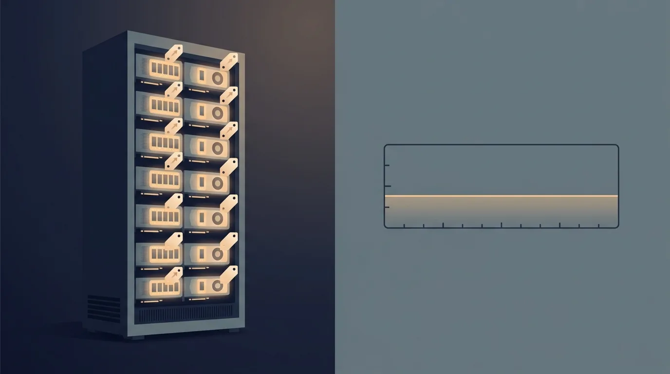 A boardroom whiteboard split into two columns, one showing an owned server rack of GPUs with rising memory-chip price tags, the other showing rented cloud GPU hours at a flat hourly rate.