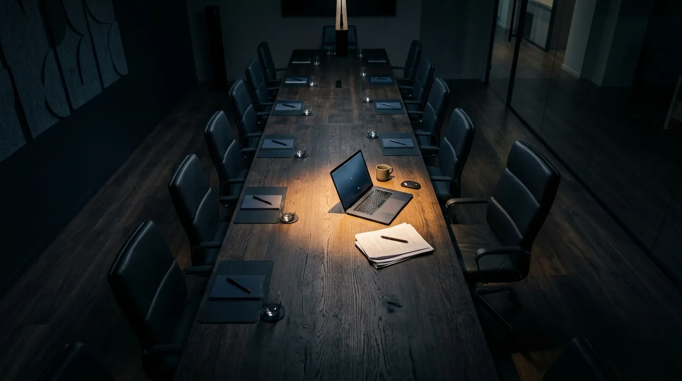 Overhead view of a long conference table where a single seat glows with warm light over an open laptop while the surrounding chairs sit in shadow, evoking real AI adoption versus mandated compliance.