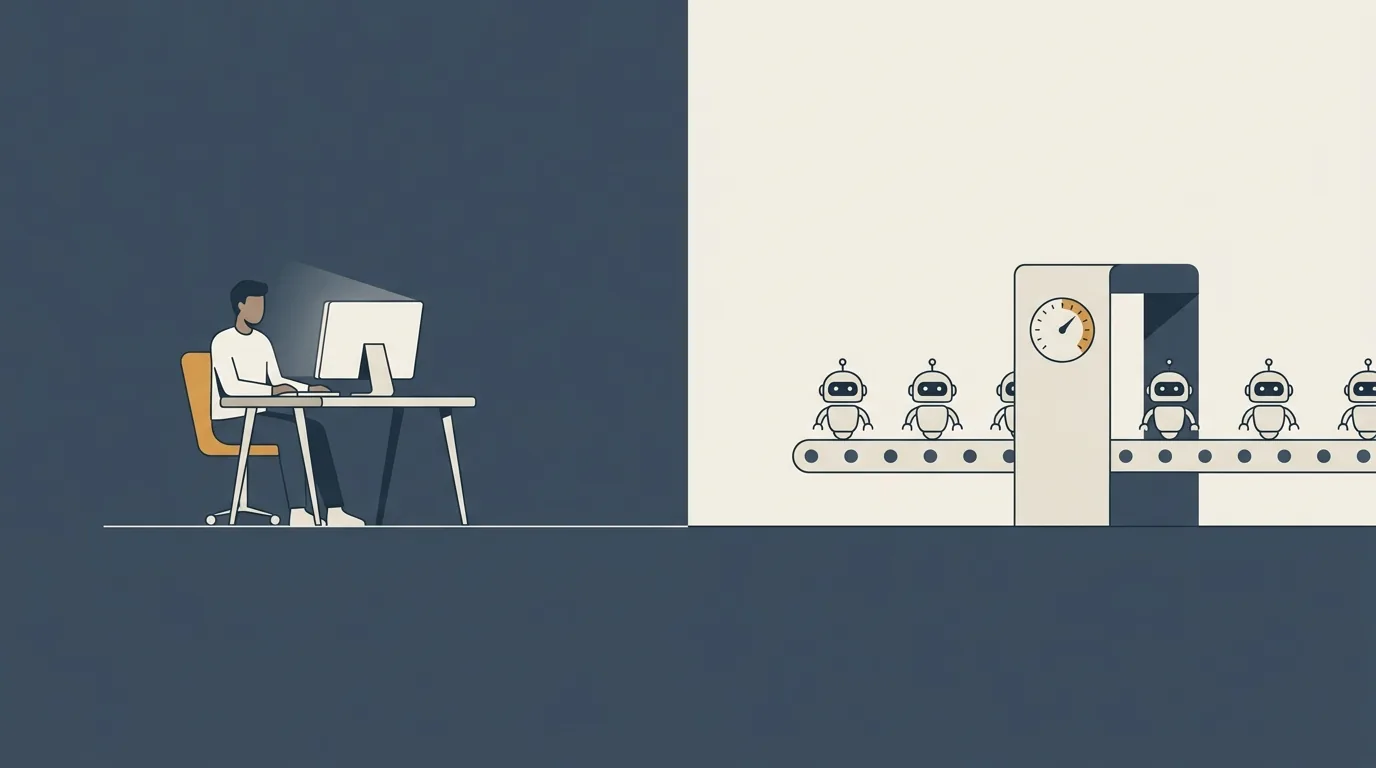 A clean editorial illustration of a software pipeline: a developer at a desk on the calm interactive side, and a row of automated agent jobs on the other side now passing through a metered toll gate with a running cost counter.