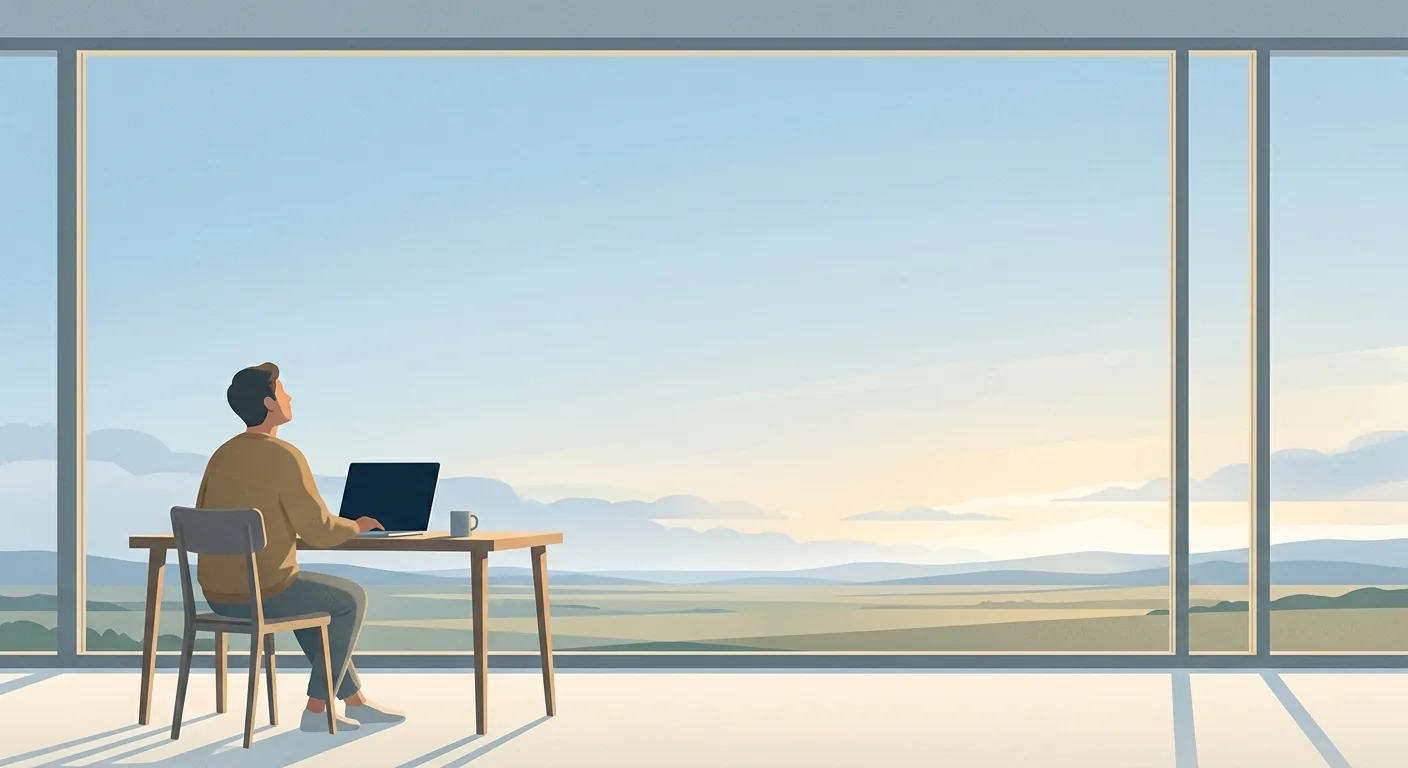 An editorial illustration of a person at a desk turning away from a laptop to look out a large window at a wide open sky, in a calm dawn palette.