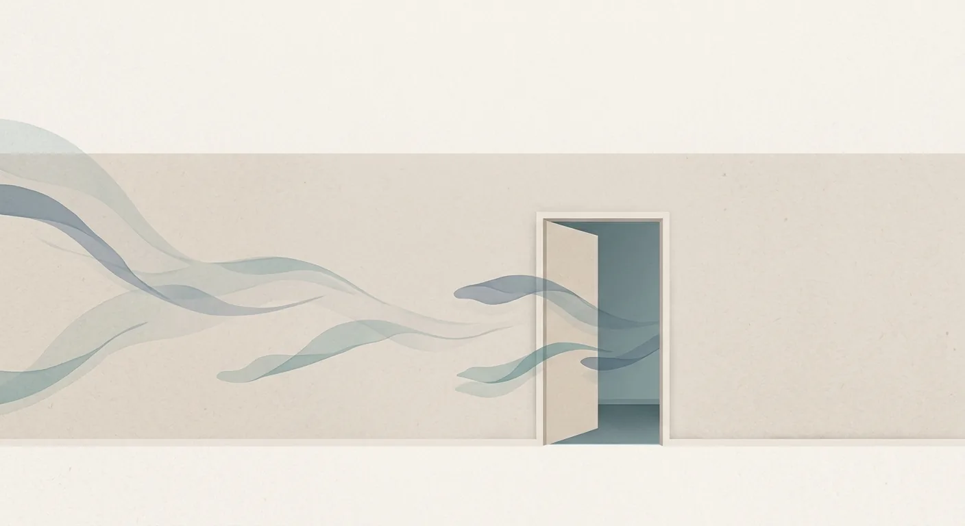 A calm illustration of a single open doorway in a long wall, with several faint shapes drifting toward it, suggesting a filter that lets some things through and holds others back.
