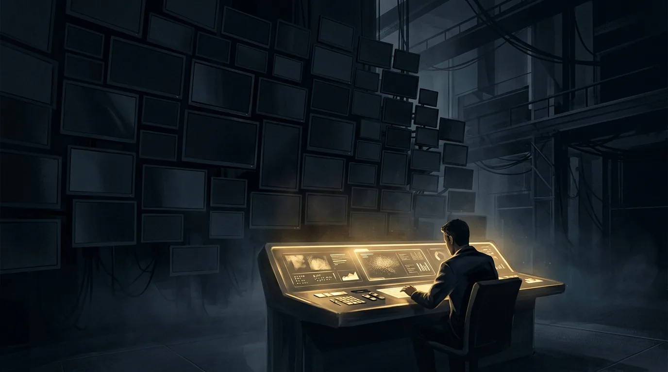 A single illuminated control-room console facing a wall of dim, unlabeled monitors, representing the gap between deployed AI agents and the visibility needed to see what they actually do.