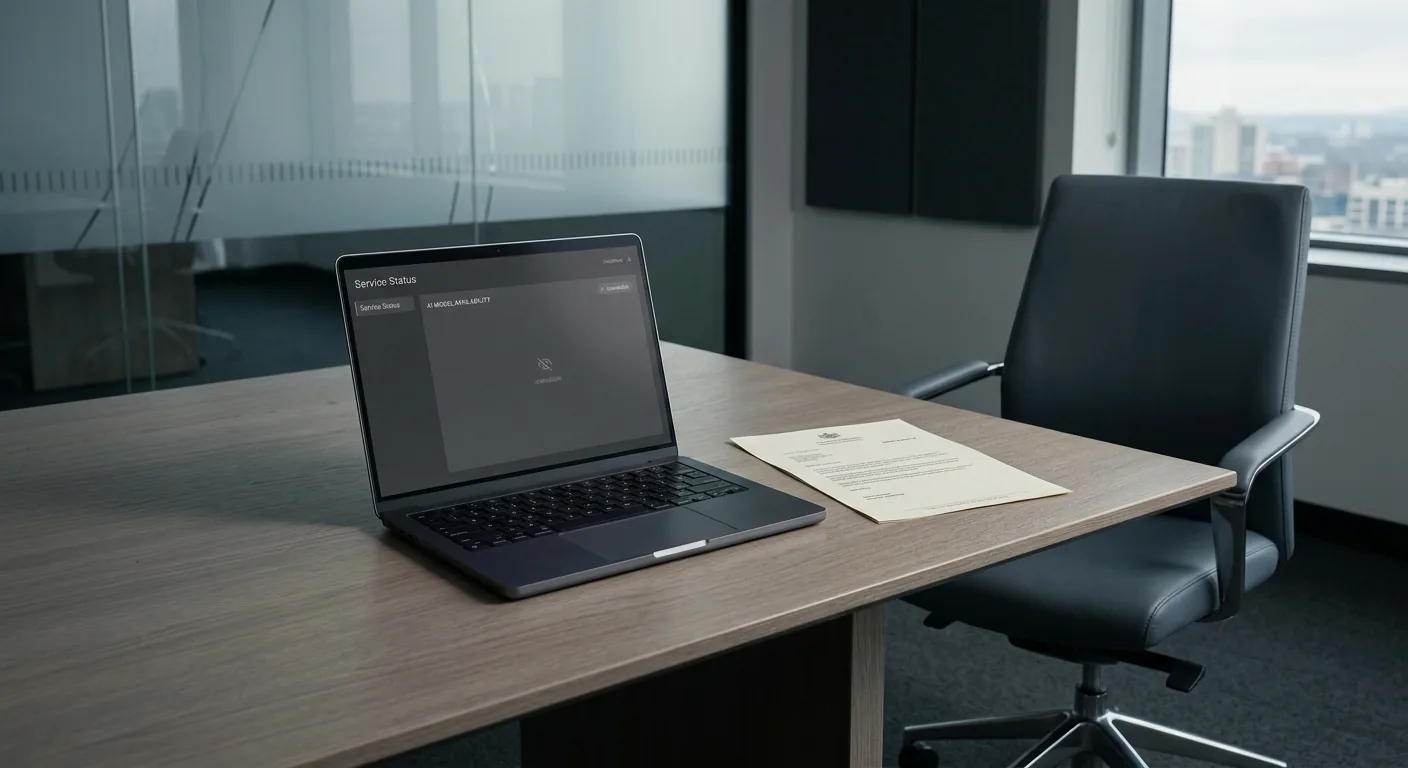 A board meeting table viewed from above with one empty chair, a laptop showing a disabled AI model availability notice, and a regulatory letter beside it, in muted editorial tones.