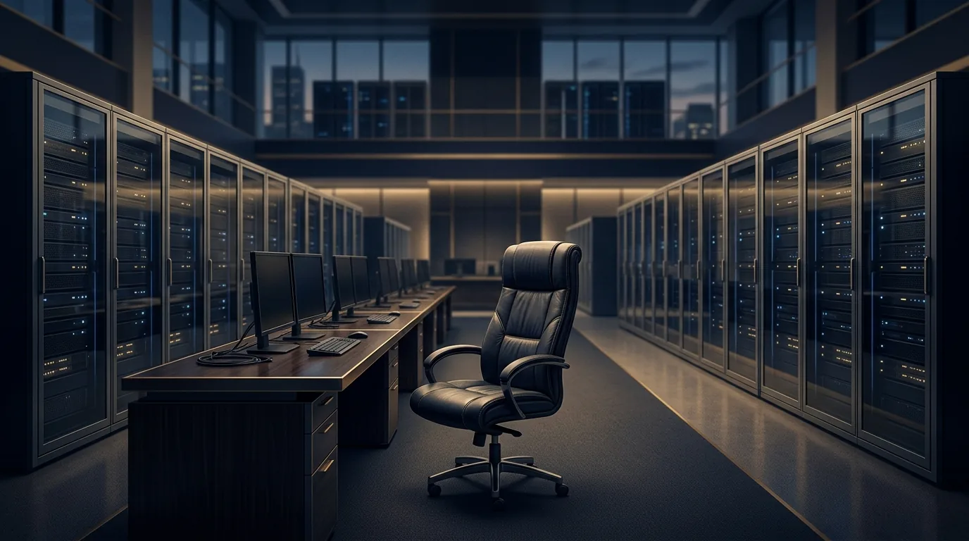 A single empty office chair at the head of a long trading desk, the other seats replaced by glowing server racks, lit in calm blue and gold.