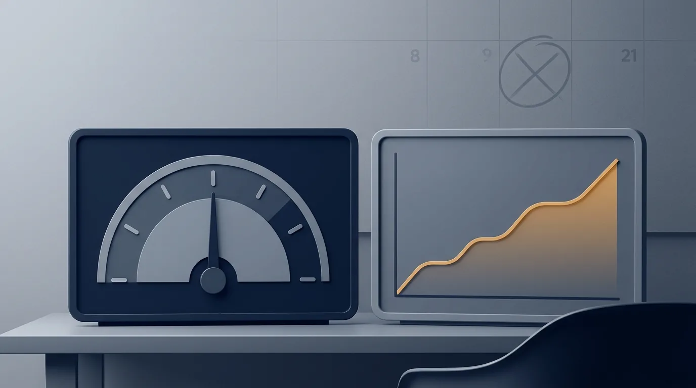 A flat, paused dollar meter on an engineering dashboard sitting next to a rising merged-output chart, illustrating a deferred AI coding agent cost change against a productivity metric.