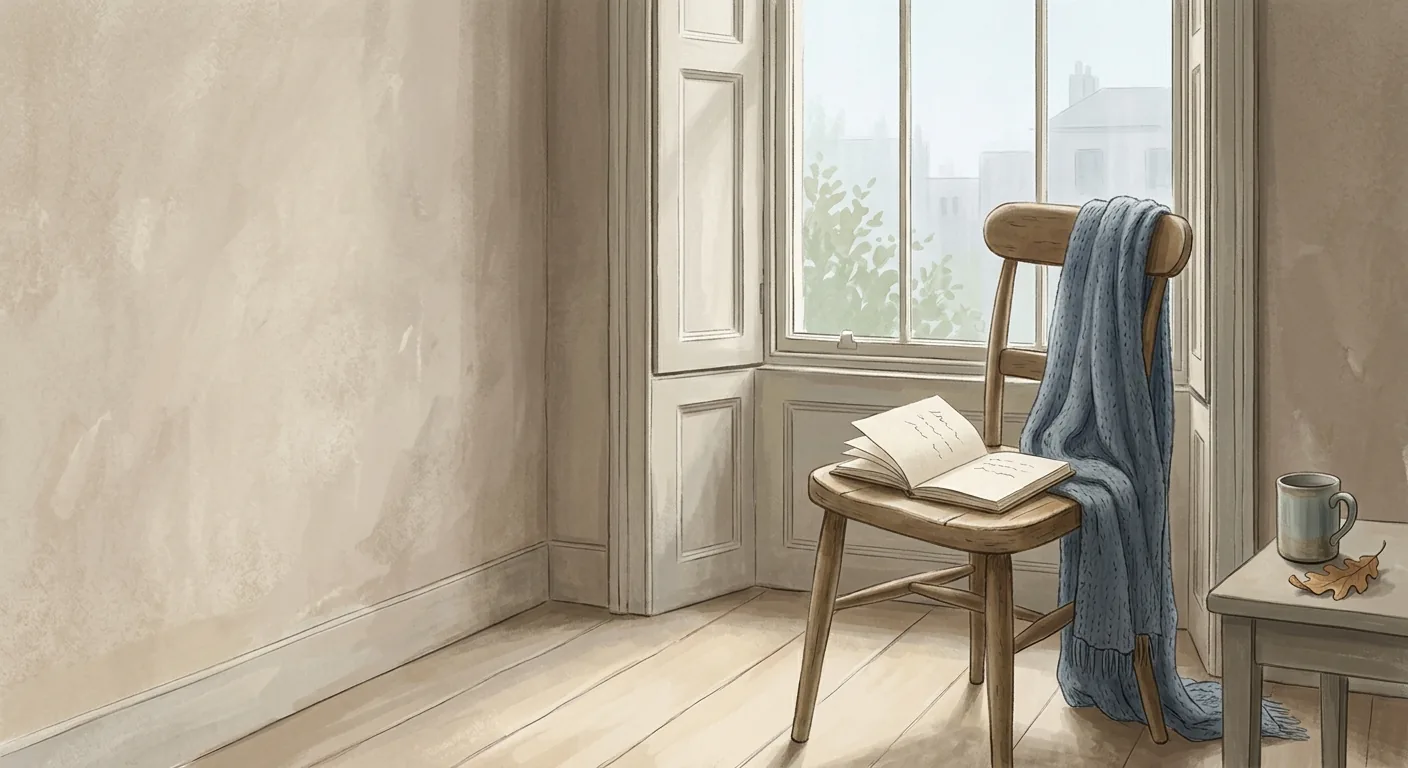 A single wooden desk chair beside a window in soft morning light, an open notebook with a few handwritten lines on the seat, calm and contemplative palette, no screens or devices.