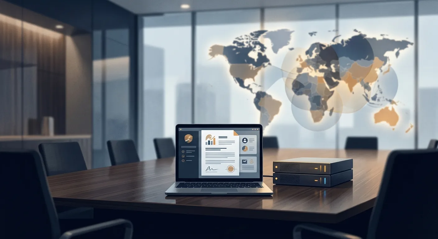 A boardroom table with a single laptop showing a model license document, beside a small on-premise server rack, with a map of overlapping regulatory jurisdictions faintly in the background.