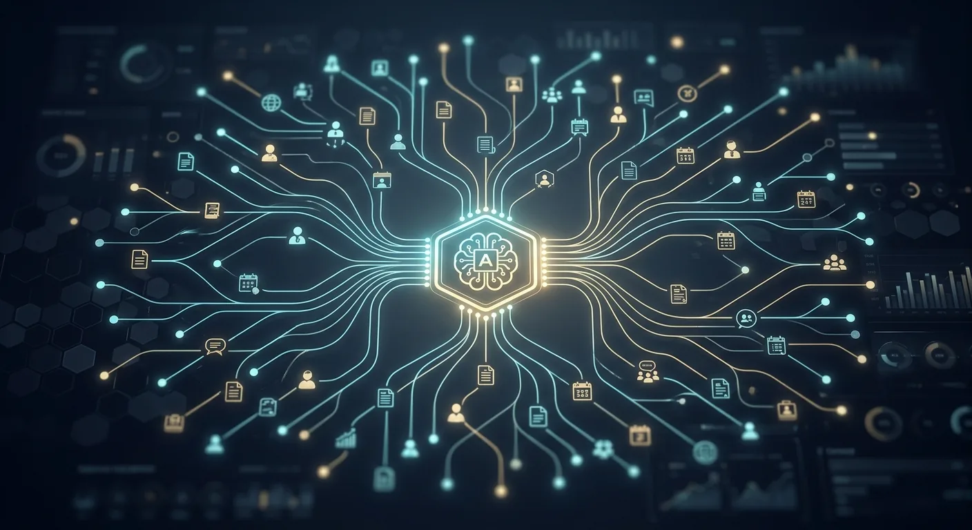 A glowing network map of an organization's people, documents, and meetings feeding into a single AI agent, rendered as a calm blue control-room diagram.