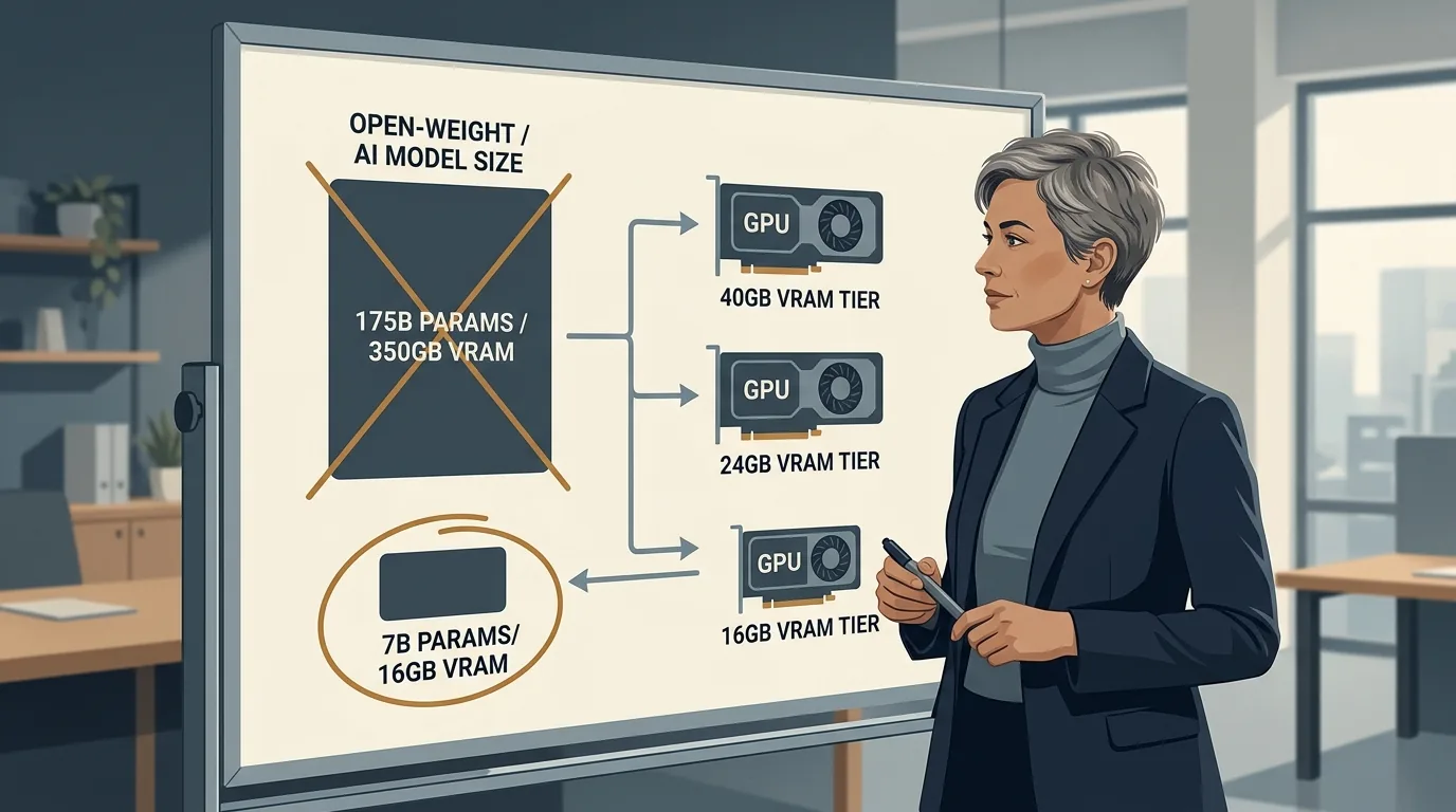 A flowchart on a whiteboard showing an engineering leader matching open-weight model sizes to available GPU VRAM tiers, with a giant model crossed out and a smaller model circled.
