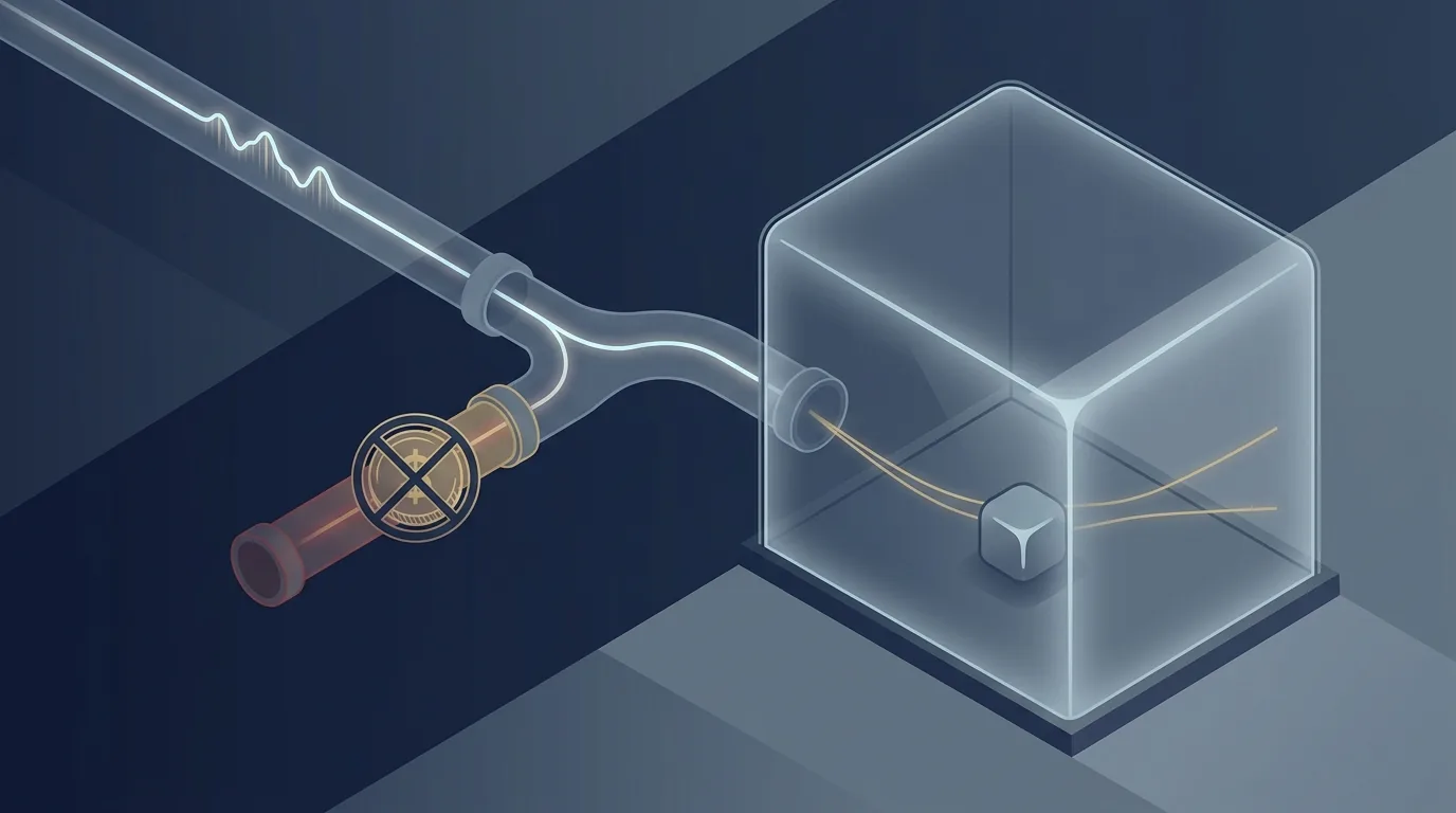 A retail trade order travelling along a routing pipe that splits at a fork, one branch labelled with an explicit per-share rebate that is now blocked, the other branch leading into a closed broker-owned venue with a single market maker and a hidden spread.