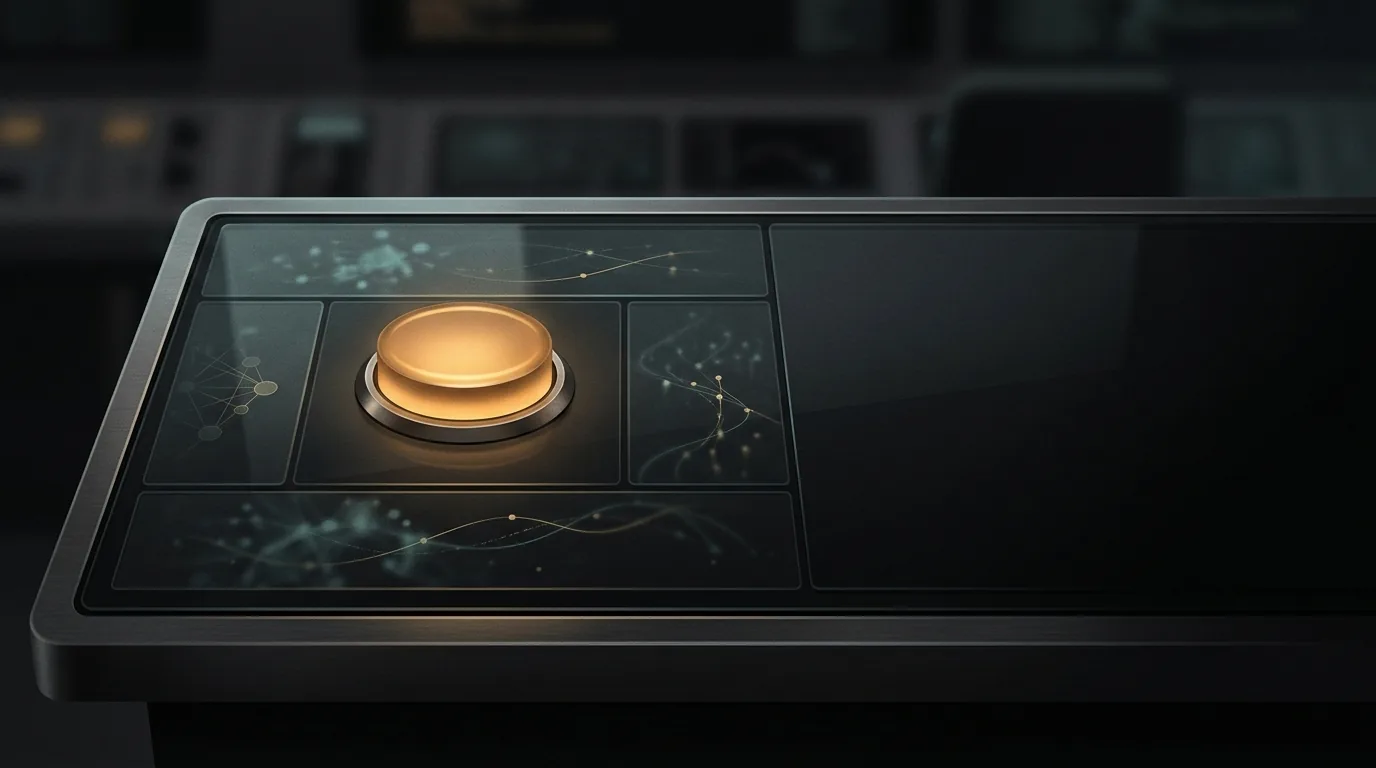 A control room console with a single large emergency stop button glowing amber, surrounded by calm dark panels showing agent activity, representing the ability to reverse an AI agent action in production.
